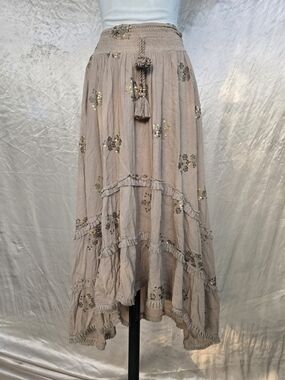 ZURY Embellished Taupe High-Low Tiered Skirt